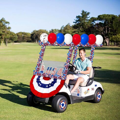 34Pcs 4th of July Parade Golf Cart Decoration Kit - Bunting Burlap Flag, Tinsel Garlands, Balloons, Etc - Red White Blue Decor for Patriotic Independence Day Party Favors in Saudi Arabia