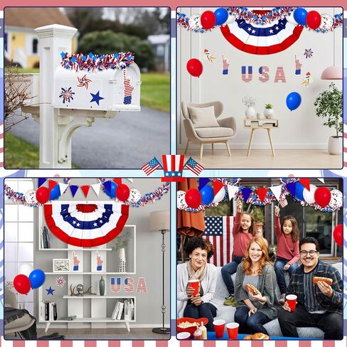 34Pcs 4th of July Parade Golf Cart Decoration Kit - Bunting Burlap Flag, Tinsel Garlands, Balloons, Etc - Red White Blue Decor for Patriotic Independence Day Party Favors in Saudi Arabia