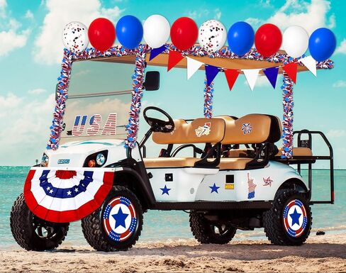 34Pcs 4th of July Parade Golf Cart Decoration Kit - Bunting Burlap Flag, Tinsel Garlands, Balloons, Etc - Red White Blue Decor for Patriotic Independence Day Party Favors in Saudi Arabia