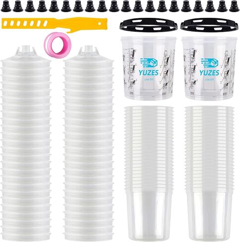 YUZES Paint Mixing Cups System 20 Ounce (600ml), 50 Spray Gun Cup Liners and Lids, 2 Hard Cup with Retainer Ring, 20 Plugs, PTFE Tape and Stirrer, Disposable Paint Cups for Spray Gun in Saudi Arabia