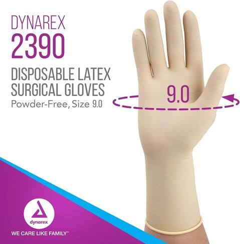 قفازات Dynarex الجراحية المعقمة التي تستخدم لمرة واحدة، خالية من البودرة، معبأة بشكل معقم في أزواج، الاستخدام الطبي والرعاية الصحية الاحترافية، العيادة البيطرية، بيسك، مقاس 9.0، صندوق واحد مكون من 50 زوجًا من القفازات in Kuwait