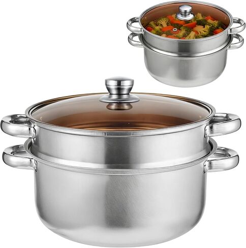 2-Tier Stainless Steel Steamer Pot, 9.4 in Thickened Stock Pot with Glass Lid & Heat-Resistant Handle, Cookware Set Compatible with All Stoves, Ideal for Vegetables, Seafood, Soups and Pasta in Kuwait