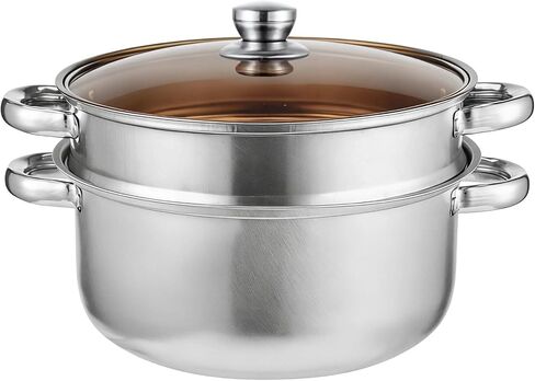 2-Tier Stainless Steel Steamer Pot, 9.4 in Thickened Stock Pot with Glass Lid & Heat-Resistant Handle, Cookware Set Compatible with All Stoves, Ideal for Vegetables, Seafood, Soups and Pasta in Kuwait