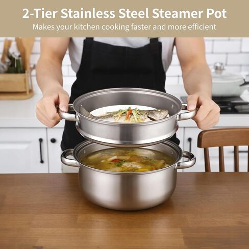 2-Tier Stainless Steel Steamer Pot, 9.4 in Thickened Stock Pot with Glass Lid & Heat-Resistant Handle, Cookware Set Compatible with All Stoves, Ideal for Vegetables, Seafood, Soups and Pasta in Kuwait