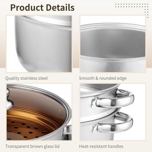2-Tier Stainless Steel Steamer Pot, 9.4 in Thickened Stock Pot with Glass Lid & Heat-Resistant Handle, Cookware Set Compatible with All Stoves, Ideal for Vegetables, Seafood, Soups and Pasta in Kuwait
