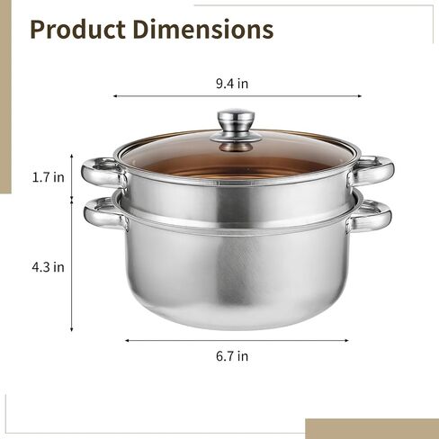 2-Tier Stainless Steel Steamer Pot, 9.4 in Thickened Stock Pot with Glass Lid & Heat-Resistant Handle, Cookware Set Compatible with All Stoves, Ideal for Vegetables, Seafood, Soups and Pasta in Kuwait