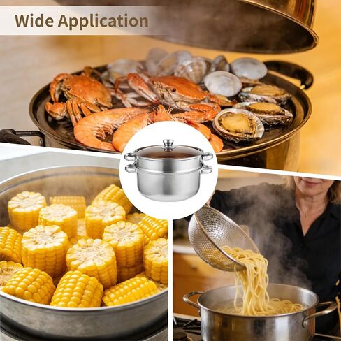 2-Tier Stainless Steel Steamer Pot, 9.4 in Thickened Stock Pot with Glass Lid & Heat-Resistant Handle, Cookware Set Compatible with All Stoves, Ideal for Vegetables, Seafood, Soups and Pasta in Kuwait