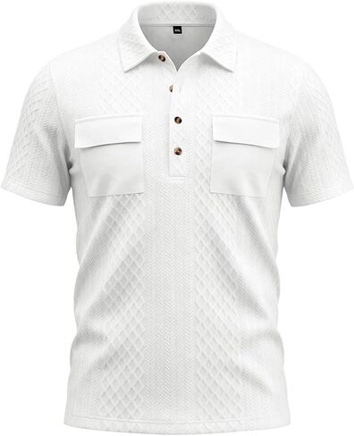 Men's Textured Polo Shirt Short Sleeve with Dual Chest Pockets White | Lapel Collar, Button Placket, Diamond Texture, Casual Style, Summer Wear in Kuwait