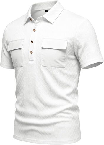 Men's Textured Polo Shirt Short Sleeve with Dual Chest Pockets White | Lapel Collar, Button Placket, Diamond Texture, Casual Style, Summer Wear in Kuwait