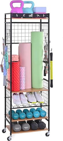 Mythinglogic Weight Rack for Dumbbells, Home Gym Storage for Yoga Mat Dumbbells Kettlebells and Strength Training Equipment, Dumbbell Rack with Wheels and Hanging Hooks in Kuwait