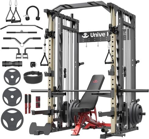 Unive Fitness Smith Machine, Commercial-Grade All-in-One Home Gym Power Cage with Squat Rack, Dual Cable Crossover & Pulley System, Complete Attachments for Full Body Workouts in Kuwait