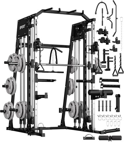 GarveeLife Smith Machine Home Gym الكل في واحد، قفص طاقة برف القرفصاء بوزن 2200 رطل مع شريط سميث، وسحب LAT للأسفل، وأنظمة الكابلات، وتثبيت الساق والمزيد من الملحقات، ومعدات التمرين (أسود) in Kuwait