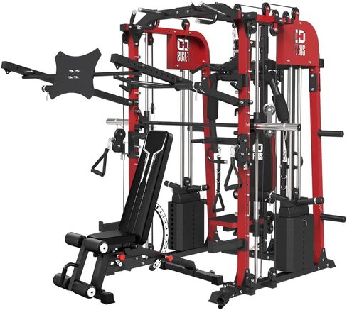 Multifunctional Smithmachine with Weight Bench, All in One Power Cage Squat Rack with Adjustable Cable Crossover, Vertical Leg Press, Power Rack with J Hook, Lever Arms and Full Body Training in Kuwait