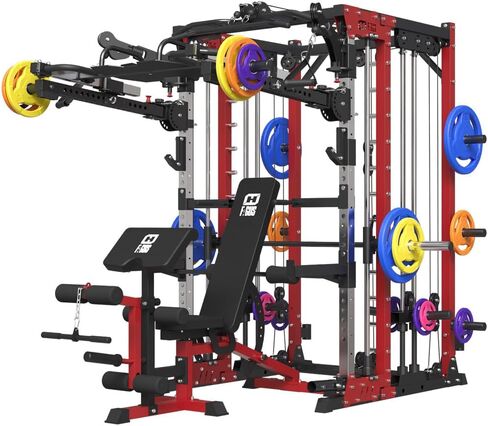 Commercial Smith Machine with Smith Bar, 4000LBS Power Cage Squat Rack with Lever Arm, Leg Press, LAT Pull Down System, Multi-Function Linear Bearing Cable Crossover Machine for Home Gym in Kuwait