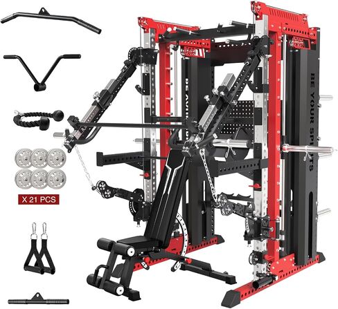 Commercial Smithe Machine with Dual Weight Stacks, Power Cage Squat Rack with Lever Arm & Leg Press Attachment, Multi-Function Linear Bearing Cable Crossover Machine for Home Gym in Kuwait