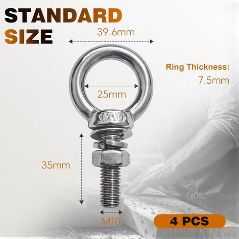 M10 Eye Bolts, 4 Pack 3/8" x 1.37" Stainless Steel Long Lifting Ring Eye Bolt with Nuts & Washers,Heavy Duty Lifting Ring Threaded Eyebolt Kit for DIY, Furniture, Swing and Outdoor Use in Kuwait