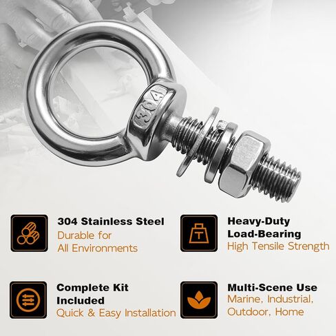 M10 Eye Bolts, 4 Pack 3/8" x 1.37" Stainless Steel Long Lifting Ring Eye Bolt with Nuts & Washers,Heavy Duty Lifting Ring Threaded Eyebolt Kit for DIY, Furniture, Swing and Outdoor Use in Kuwait