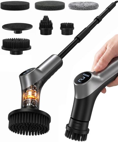 Electric Spin Scrubber for Bathroon,IPX7 Cordless Cleaning Brush with 6 Replaceable Brush Heads,120 Mins Runtime Power Shower Scrubber with Adjustable Extension Handle and Durable Brush Head for Tub in Kuwait