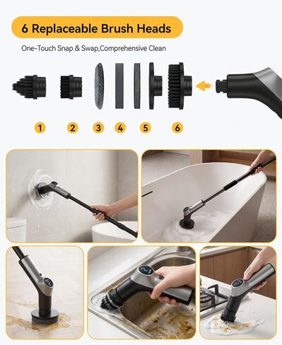 Electric Spin Scrubber for Bathroon,IPX7 Cordless Cleaning Brush with 6 Replaceable Brush Heads,120 Mins Runtime Power Shower Scrubber with Adjustable Extension Handle and Durable Brush Head for Tub in Kuwait