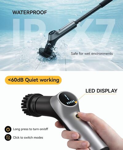 Electric Spin Scrubber for Bathroon,IPX7 Cordless Cleaning Brush with 6 Replaceable Brush Heads,120 Mins Runtime Power Shower Scrubber with Adjustable Extension Handle and Durable Brush Head for Tub in Kuwait