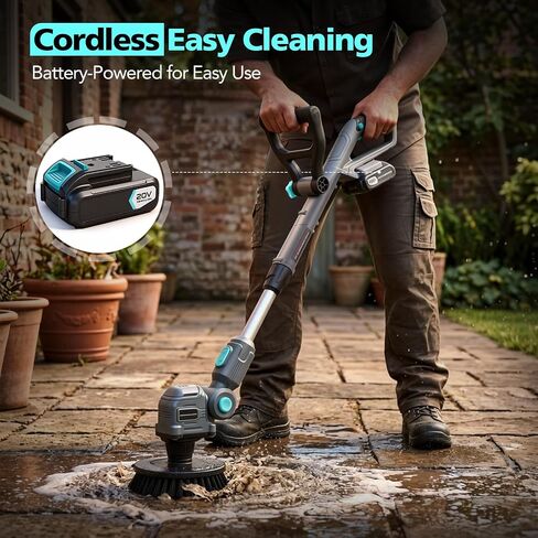 20V Cordless Electric Spin Scrubber with Replaceable Battery & Long Handle - Includes 8 Replaceable Brush Heads for Bathroom, Tile, Grout, Shower, Bathtub, Kitchen, Car & Outdoor Cleaning in Kuwait