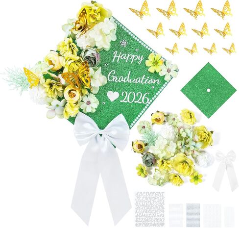 شملت زينة غطاء التخرج من Brikabia ، 36pcs Cap Decorations للتخرج ، الفراشات Faux Flowers ثلاثية الأبعاد ، وملصقات رسائل ، وورق بريق ، و Satin Bow for DIY Grad Hat Topper in Kuwait