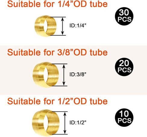 Joywayus 120PCS Brass Compression Sleeves Ferrules & Insert Kit, 3 Sizes (1/4" 3/8" 1/2") Tube OD Compression Fitting Assortment Kit in Kuwait