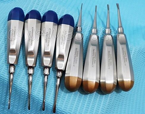 New German Stainless Dental Luxating Elevator Tooth Extraction Extracting Tools 8 Pcs Curved 1.5MM to 4MM Dental Instruments Gold Plus Blue in Kuwait