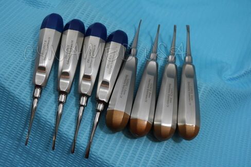 New German Stainless Dental Luxating Elevator Tooth Extraction Extracting Tools 8 Pcs Curved 1.5MM to 4MM Dental Instruments Gold Plus Blue in Kuwait