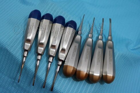 New German Stainless Dental Luxating Elevator Tooth Extraction Extracting Tools 8 Pcs Curved 1.5MM to 4MM Dental Instruments Gold Plus Blue in Kuwait