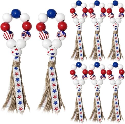 4th of July Wooden Bead Napkin Rings, Patriotic US Flag Star Striped Tassel Napkin Holders, Red White Blue Independence Day Table Decor for Memorial Day Labor Day BBQ Party, Set of 8 Napkin Holders in Kuwait