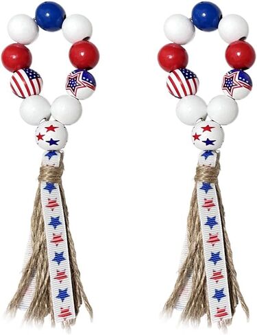 4th of July Wooden Bead Napkin Rings, Patriotic US Flag Star Striped Tassel Napkin Holders, Red White Blue Independence Day Table Decor for Memorial Day Labor Day BBQ Party, Set of 8 Napkin Holders in Kuwait