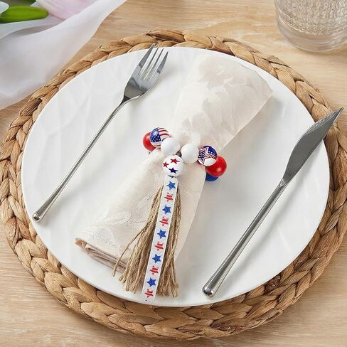 4th of July Wooden Bead Napkin Rings, Patriotic US Flag Star Striped Tassel Napkin Holders, Red White Blue Independence Day Table Decor for Memorial Day Labor Day BBQ Party, Set of 8 Napkin Holders in Kuwait