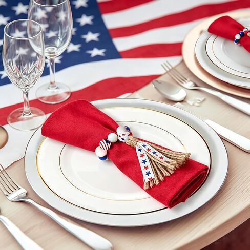 4th of July Wooden Bead Napkin Rings, Patriotic US Flag Star Striped Tassel Napkin Holders, Red White Blue Independence Day Table Decor for Memorial Day Labor Day BBQ Party, Set of 8 Napkin Holders in Kuwait