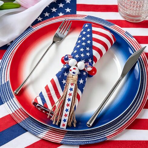 4th of July Wooden Bead Napkin Rings, Patriotic US Flag Star Striped Tassel Napkin Holders, Red White Blue Independence Day Table Decor for Memorial Day Labor Day BBQ Party, Set of 8 Napkin Holders in Kuwait