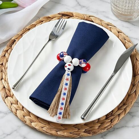 4th of July Wooden Bead Napkin Rings, Patriotic US Flag Star Striped Tassel Napkin Holders, Red White Blue Independence Day Table Decor for Memorial Day Labor Day BBQ Party, Set of 8 Napkin Holders in Kuwait