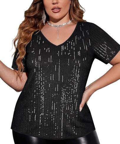 TIYOMI Plus Size Sequin Tops Short Sleeve Shirts for Women V-Neck Party Sparkly Tunics XL-5XL in Kuwait