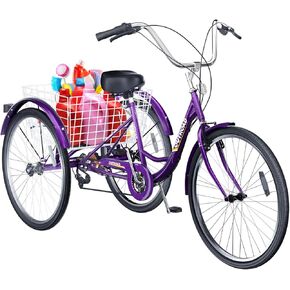 1 Speed Adult Tricycle, 24/26 inch Cruiser Trike with Large Basket for Women Men Seniors, 3 Wheel Bike for Outdoor, Shopping, Recreation, Picnic (Red/Blue/Purple) in Kuwait