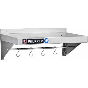 Wilprep NSF Stainless Steel Wall Mount Shelf, 12 x 24 Inch Commercial Kitchen Shelf with 10 Hooks & Brackets, 220lb Heavy Duty Metal Hanging Storage for Restaurant, Laundry Room & Garage in Saudi Arabia