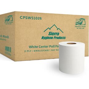 Sierra Hygiene 510’ Centerpull Paper Towels (580 Sheets - 7.5" x 10.5") 2-Ply White – 6 Rolls Commercial Center Pull Paper Towel Rolls, For Offices, Restaurants, Schools & Warehouses, Made in USA in Kuwait