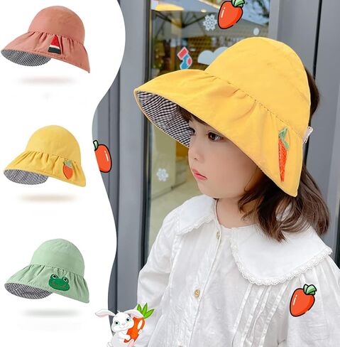 Kids Sun Hat, Cartoon Cotton Reversible Unisex Toddler Fisherman Hat, Empty Top Design Yellow in Kuwait