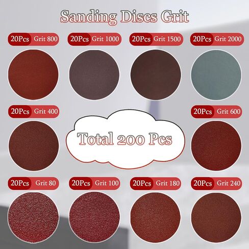 200 Pcs 2 Inch Sanding Discs Pad Kit Includes 80-3000 Grit Sandpapers, Hook and Loop Sand Paper for Sanding, Polishing and Finishing Various Materials in Kuwait