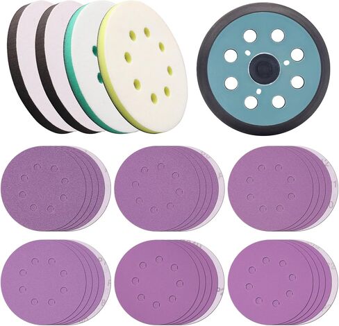 5" 8 Hole Replacement Sander Pad Compatible with Makita, Dewalt Orbital Sander, With 4 Hook & Loop Foam Interface Pads + 30 Ceramic Sanding Discs (60-320 Grit) for Metal/Wood/Paint Removal in Saudi Arabia