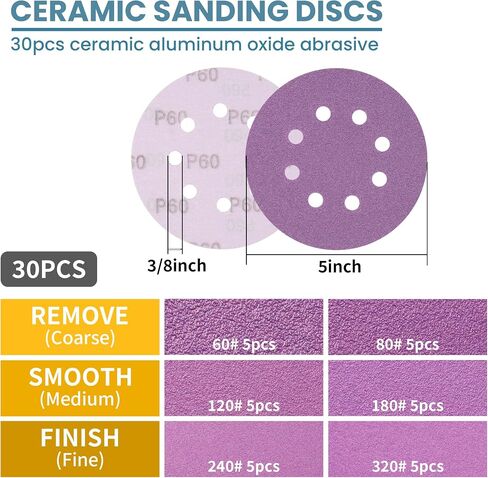 5" 8 Hole Replacement Sander Pad Compatible with Makita, Dewalt Orbital Sander, With 4 Hook & Loop Foam Interface Pads + 30 Ceramic Sanding Discs (60-320 Grit) for Metal/Wood/Paint Removal in Saudi Arabia