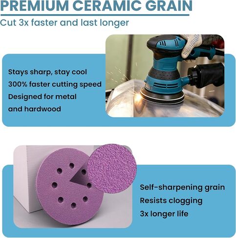 5" 8 Hole Replacement Sander Pad Compatible with Makita, Dewalt Orbital Sander, With 4 Hook & Loop Foam Interface Pads + 30 Ceramic Sanding Discs (60-320 Grit) for Metal/Wood/Paint Removal in Saudi Arabia