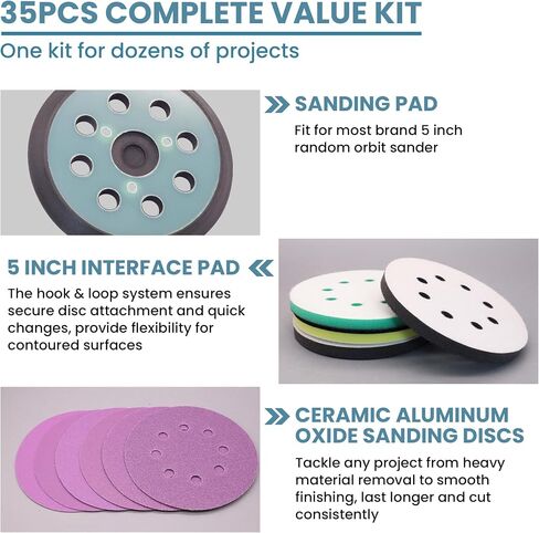 5" 8 Hole Replacement Sander Pad Compatible with Makita, Dewalt Orbital Sander, With 4 Hook & Loop Foam Interface Pads + 30 Ceramic Sanding Discs (60-320 Grit) for Metal/Wood/Paint Removal in Saudi Arabia
