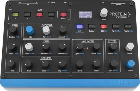 Waldorf Protein - 8 Voice Wavetable Synth with ASIC Microwave Oscillators, 4 Layers, Arpeggiator, Step Seencers, MPE, 2 Effect Slots, USB-MIDI, Compact and Lightweight in Kuwait
