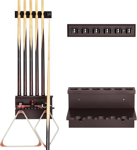 Wall Mount Pool Stick Holder, Bamboo Billiards Cue wall Rack for 6 Cues and Pool Table Accessories Storage Equipment Organizer, Dark Brown in Kuwait