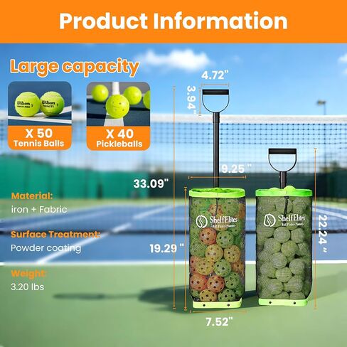 Tennis Ball Hopper with Telescopic Handle - Holds 50+ Tennis Balls or 40+ Pickleballs, Portable Tennis Ball Picker with Quiet Wheels，Built for Hard Courts & Daily Practice in Saudi Arabia