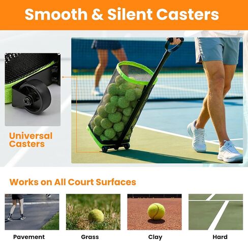 Tennis Ball Hopper with Telescopic Handle - Holds 50+ Tennis Balls or 40+ Pickleballs, Portable Tennis Ball Picker with Quiet Wheels，Built for Hard Courts & Daily Practice in Saudi Arabia